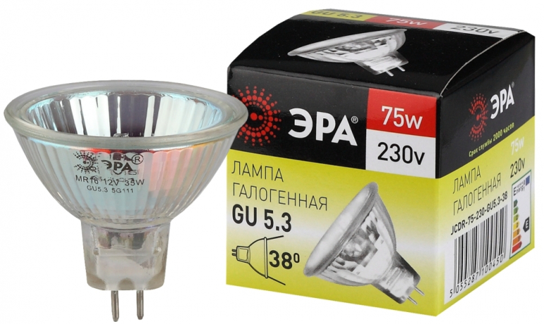 Лампа галогенная ЭРА GU5.3 75W 2700K прозрачная GU5.3-JCDR (MR16) -75W-230V-CL C0027366 