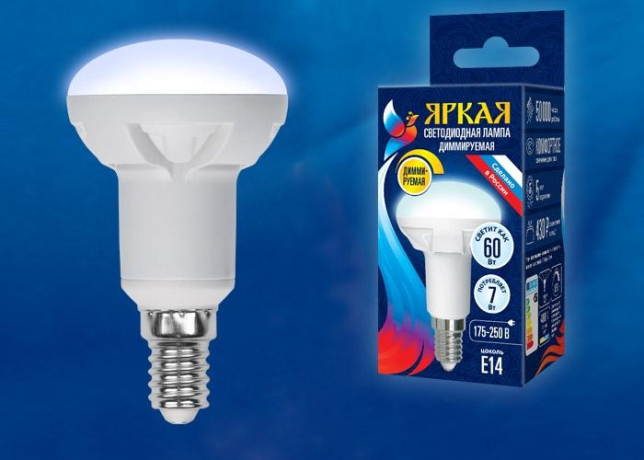 Диммируемая светодиодная лампа E14 7W 4000K (белый) Uniel LED-R50 7W-4000K-E14-FR-DIM PLP01WH (UL-00004709) 