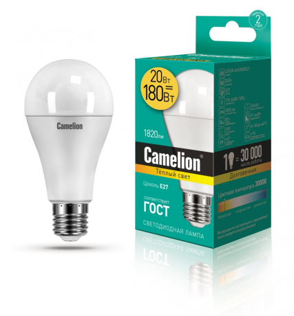 Светодиодная лампа E27 20W 3000К (теплый) A65 Camelion LED20-A65/830/E27 (13164) 