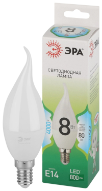 Лампочка светодиодная ЭРА GREEN LINE LED BXS-8W-840-E14 GL E14 8 Вт свеча на ветру яркий белый свет Б0067114