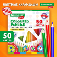 Нарушена упаковка!  <722762> Карандаши цветные BRAUBERG KIDS NEW, 50 цветов, трехгранный корпус, грифель 3 мм, 182004
