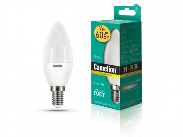 Светодиодная лампа E14 7W 3000 (теплый) C35 Camelion LED7-C35/830/E14 (12073) 