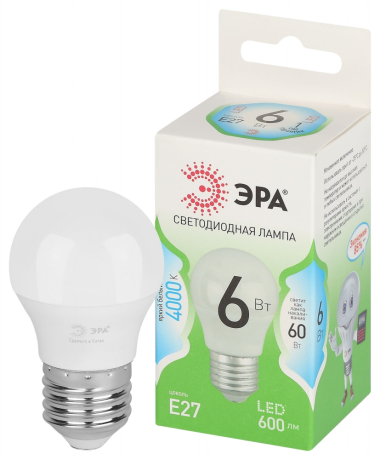 Лампочка светодиодная ЭРА GREEN LINE LED P45-6W-840-E27 GL E27 6 Вт шар яркий белый свет Б0067067 
