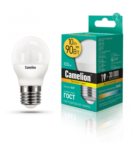 Светодиодная лампа E27 10W 3000К (теплый) G45 Camelion LED10-G45/830/E27 (13566) 