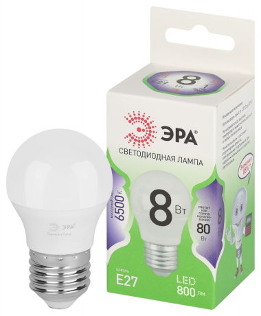 Лампочка светодиодная ЭРА GREEN LINE LED P45-8W-865-E27 GL E27 8 Вт шар холодный свет Б0067022 
