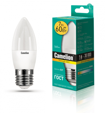 Светодиодная лампа E27 7W 3000К (теплый) C35 Camelion LED7-C35/830/E27 (12077) 