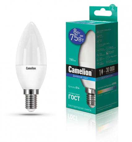 Светодиодная лампа E14 8W 6500К (холодный) C35 Camelion LED8-C35/865/E14 (13370) 