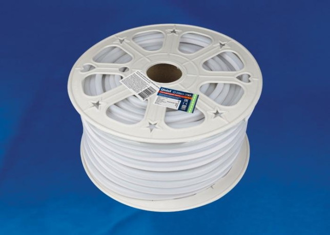 50м. Неоновая лента желтого цвета 2835, 8W, 220V, 120LED/m, IP67 Uniel ULS-N21-2835-120LED-m-8mm-IP67-220V-8W-m-50M-YELLOW -(UL-00003769)