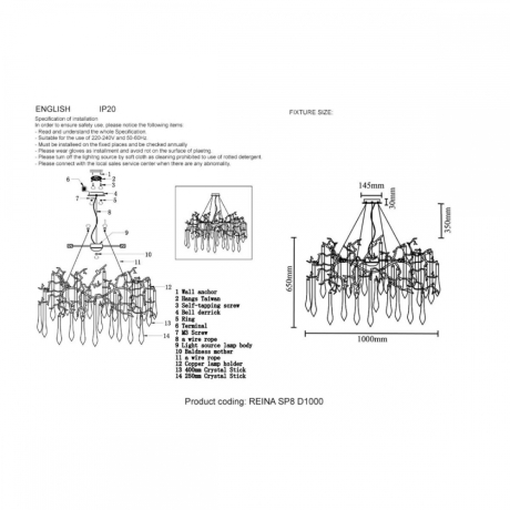 Подвесная люстра Crystal Lux REINA SP8 D1000 SILVER PATINA 