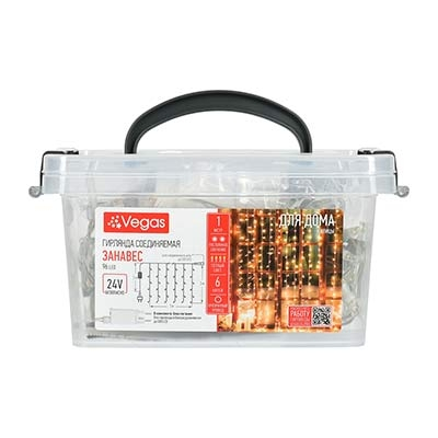 VEGAS  24V Электрогирлянда "Занавес" 96 теплых LED ламп, 6 нитей, в боксе,  прозрачный провод, 1*2 м, с блоком питания, удлиняемая /4 