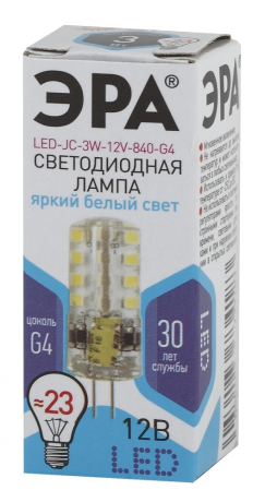 Лампа светодиодная ЭРА G4 3W 4000K прозрачная LED JC-3W-12V-840-G4 Б0033194 